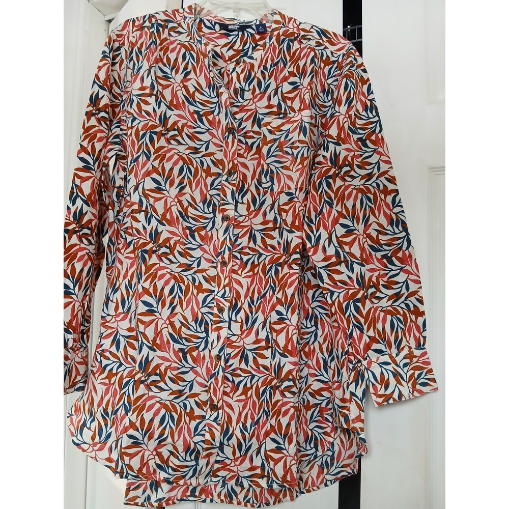 Lands‎ End 100% Linen Print Button Down Shirt Longline Size Large